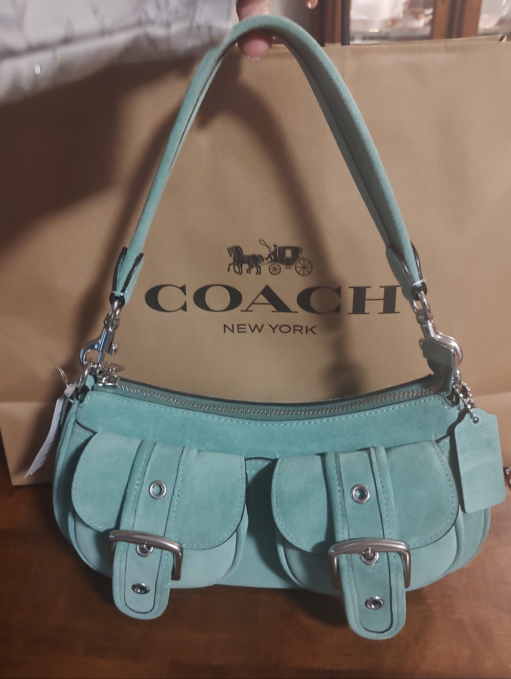 COACH Ashton Mint Green Suede Shoulder Bag with Front Buckle Pockets